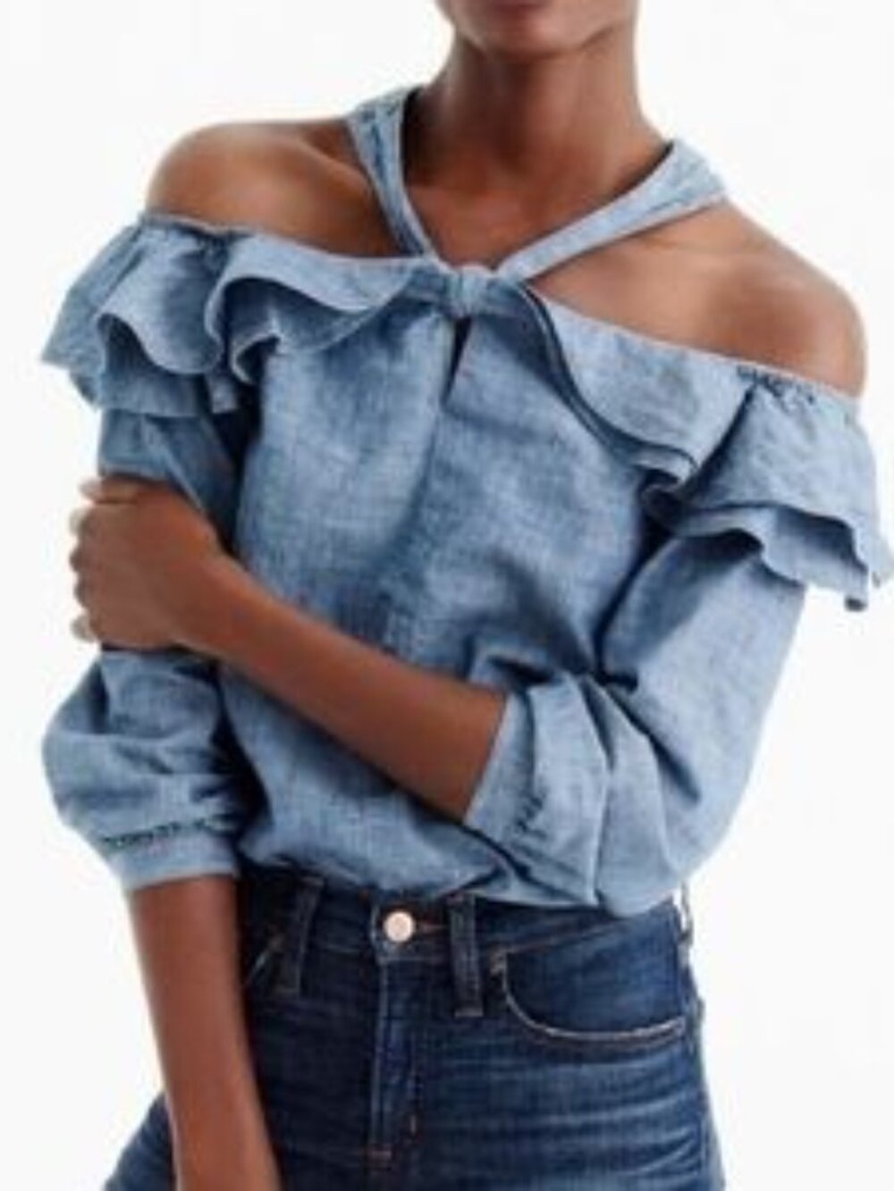 J. Crew Chambray Ruffle Off-Shoulder Top Blue Halter Neck Size 12 Women's